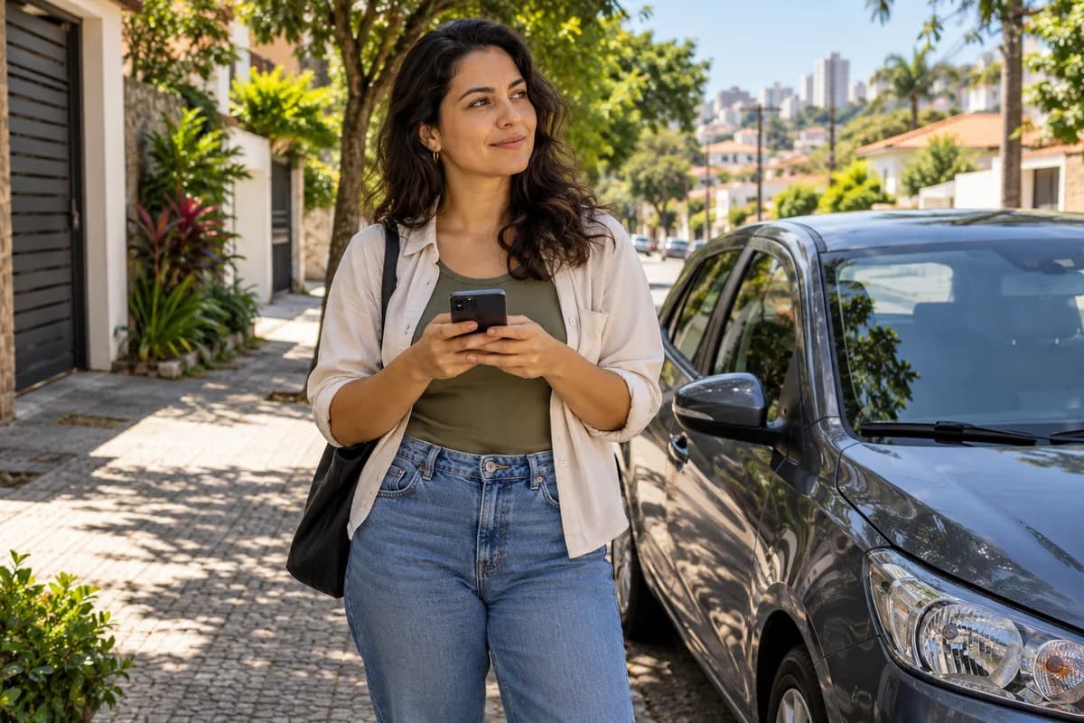 Aluna procurando aulas pelo celular em uma rua do bairro