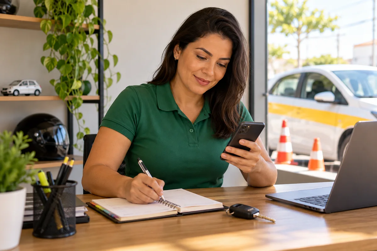 Instrutora organizando seu trabalho com celular e agenda