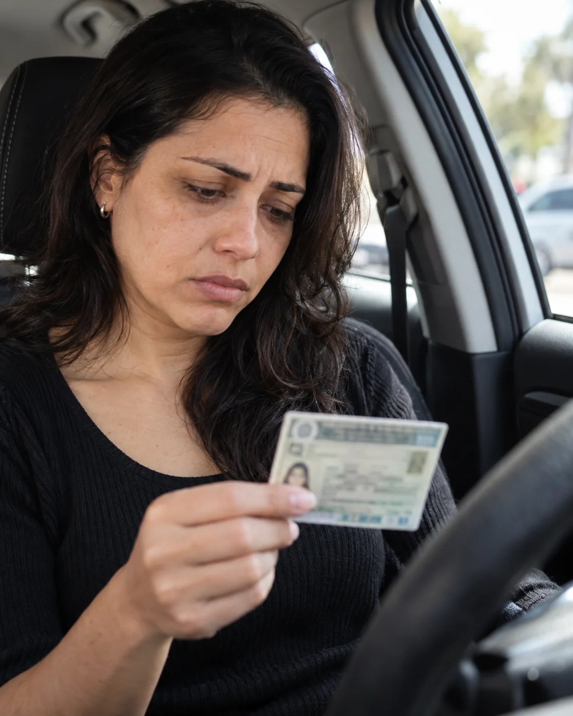Mulher preocupada dentro de um carro olhando sua Carteira Nacional de Habilitação